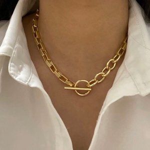 Gold Chunky Bar Circle Link Chain Necklace